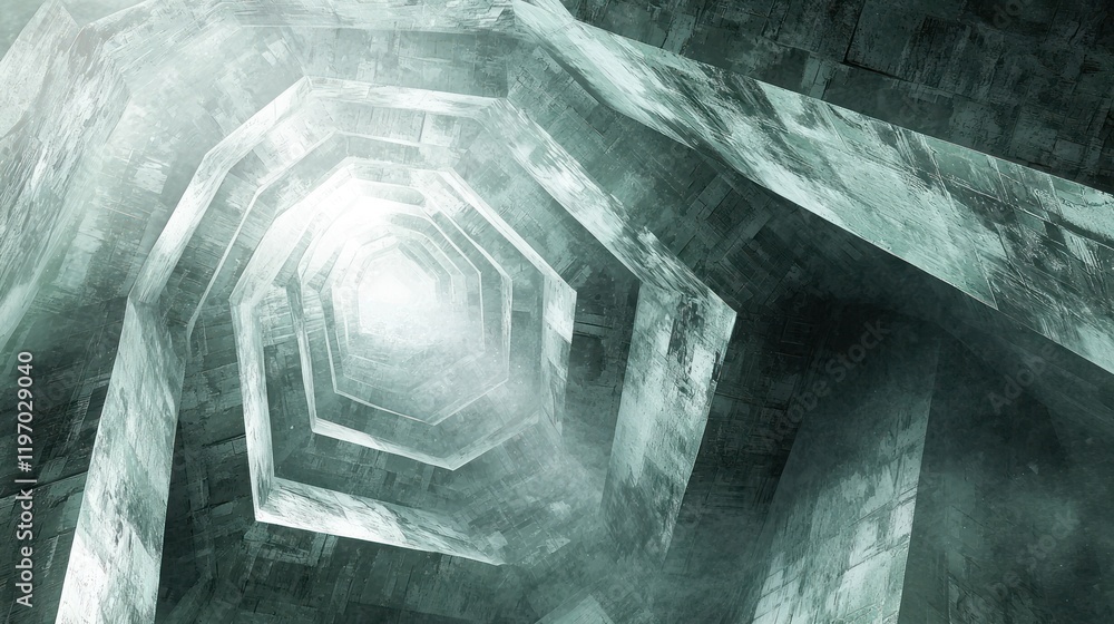 Poster abstract hexagonal tunnel with light at the end.