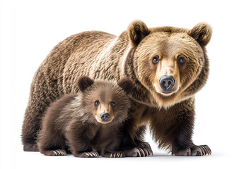 Fototapeta premium Watercolor brown bear and cub clipart, against a white isolated 