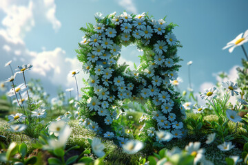 A lush meadow features an artistic representation of the letter R made entirely of flowers and greenery, symbolizing March's arrival with vibrant blooms under a bright sky.