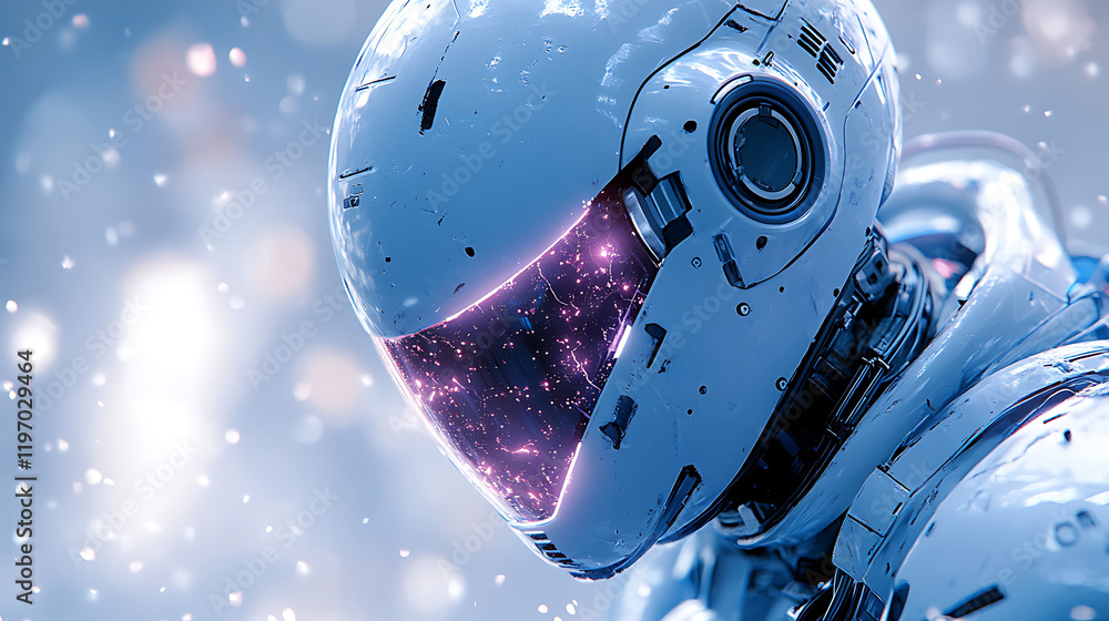Poster futuristic robotic helmet with glowing visor against a soft, blurred background of lights and partic