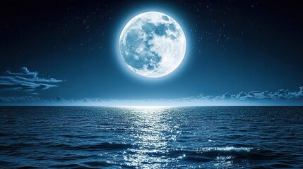 Full Moon Over Calm Ocean Night Sky Stars
