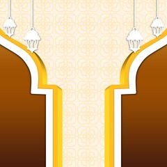 Islamic event media post design with a mosque dome illustration on an Islamic pattern background