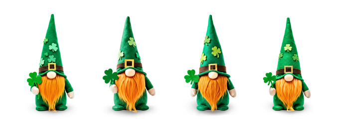 Fototapeta premium Four Spring Gnomes Holding Shamrocks for Saint Patrick's Day Celebration