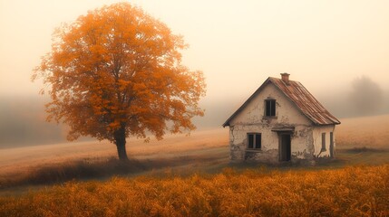 Old Cottage with Autumn Tree
