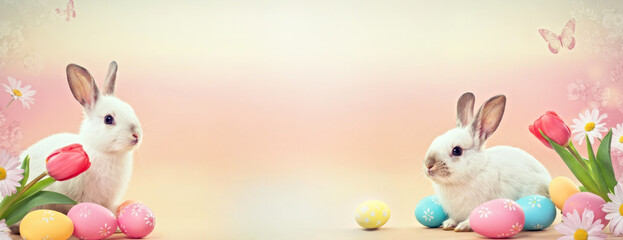 Obraz premium Adorable Easter Bunnies with Colorful Eggs and Spring Flowers in a Pastel Background. Easter concept