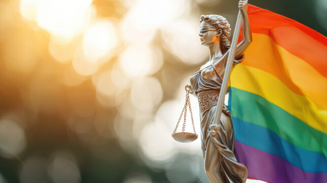 Statue of Lady Justice holding rainbow flag, symbolizing equality and pride