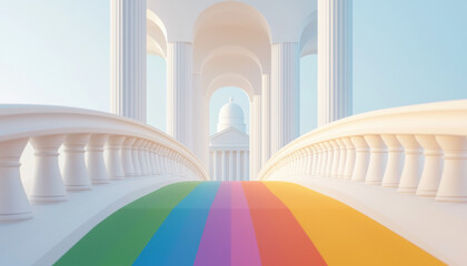 vibrant rainbow pathway leads to grand architectural structure, symbolizing inclusivity and hope