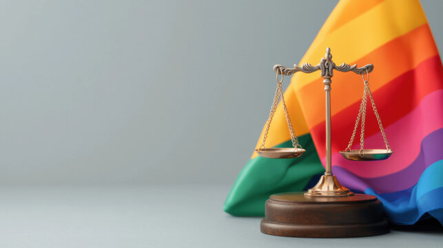 scale of justice symbolizes equality and fairness, set against vibrant pride flag