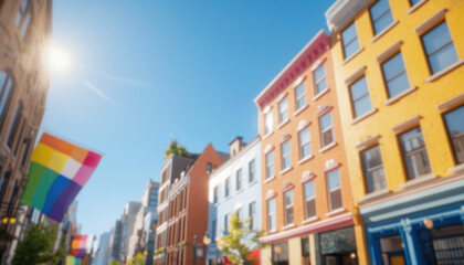 Bright city street with colorful buildings and rainbow flag waving