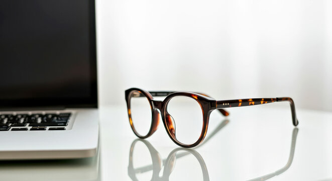 Modern Workspace with Tortoiseshell Glasses and Laptop on Reflective Desk Surface