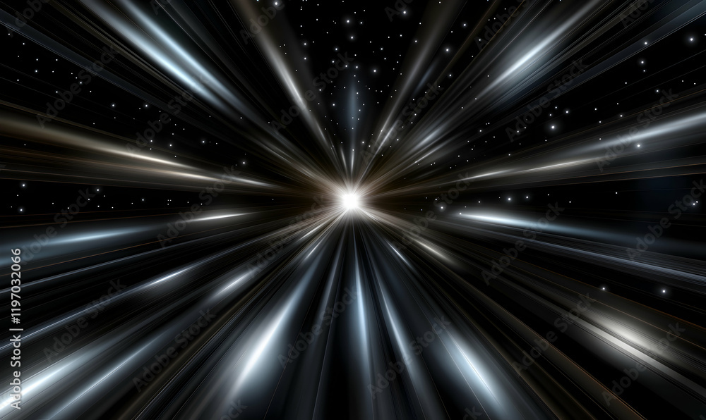 Poster abstract cosmic light rays bursting from a central point, creating a dynamic, high-speed visual effe