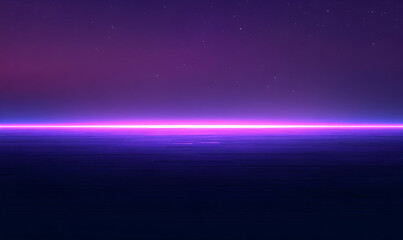 Surreal night scene with vibrant purple and pink horizon over a dark ocean under a starry sky; perfect for fantasy, sci-fi, or dreamy backgrounds.