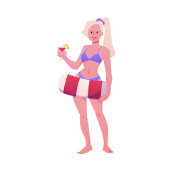 Vector illustration of a girl in a bikini, with an inflatable ring and a cocktail.