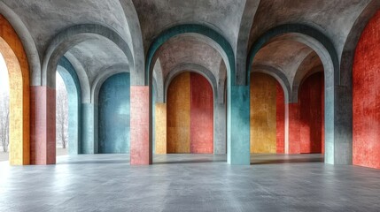 Obraz premium Colorful Archway Interior: A captivating interior space featuring a series of vibrant arches in teal, red, and gold, set against a backdrop of textured gray concrete walls and floor.
