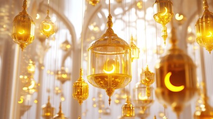 Golden Ramadan lanterns illuminate ornate mosque