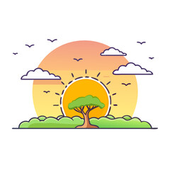 sun setting over savanna icon, sun setting over savanna vector,