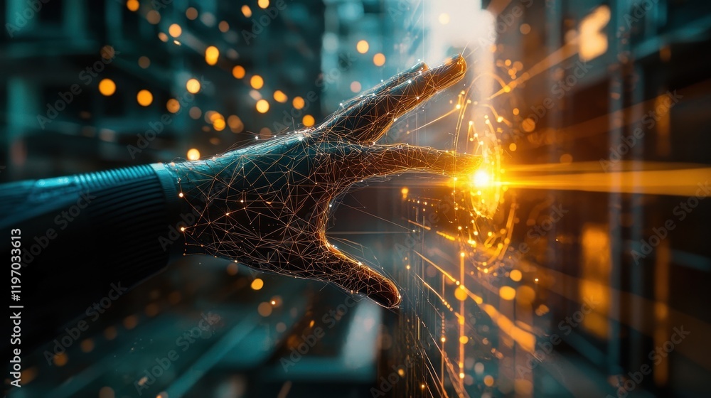 Poster robotic hand interacting with digital data.