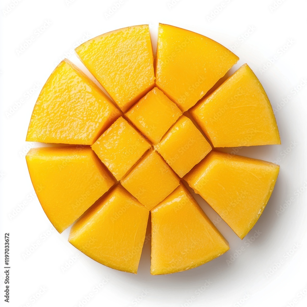 Poster freshly cut mango slices arranged in a circular pattern on white background