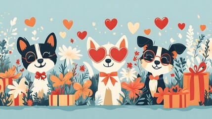 Fototapeta premium A cute flat cartoon design featuring pets dressed in Valentine's Day accessories, like heart-shaped sunglasses and ribbons, surrounded by gift boxes and flowers