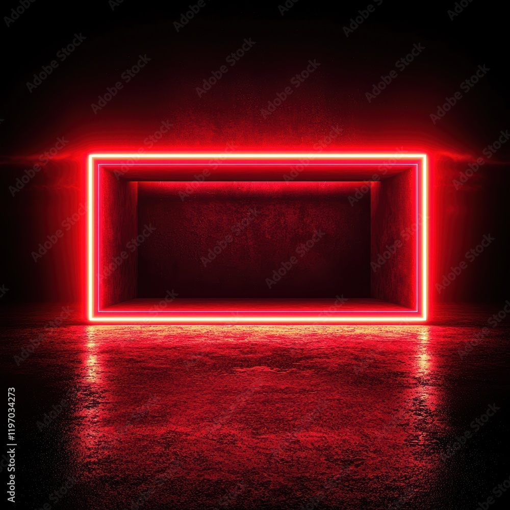 Poster glowing neon rectangle in dark space with reflection on floor