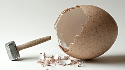 a smashed ostrich egg with a hammer