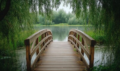 Wooden bridge over calm lake, rain, nature