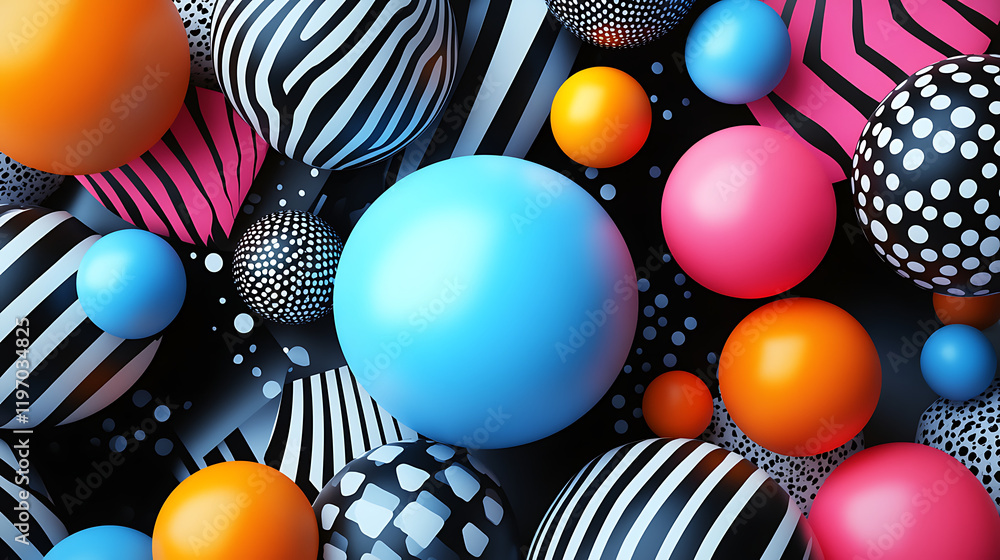 Poster colorful abstract composition of various patterned spheres and shapes on a dark background
