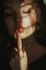 Woman with closed eyes, finger on glossy lips.