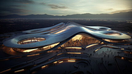 Futuristic Architectural Design Illuminated at Night in a Cityscape