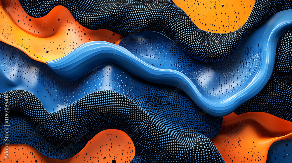 Poster abstract wave patterns in vibrant blue, orange, and black colors creating a dynamic visual flow
