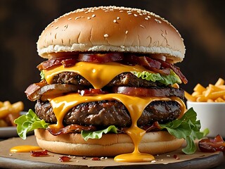 Delicious Double Cheeseburger with Bacon and Melted Cheese on White Plate
