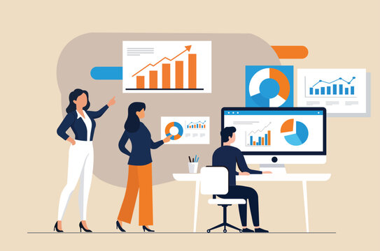 Teamwork in data analysis and presentation concept ,professionals discussing charts,
 graphs, and analytics in a modern office. Business growth, collaboration, and technology visualization.