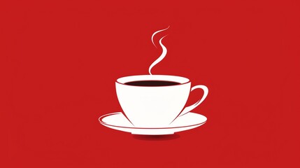 Obraz premium A white coffee cup and saucer with steam coming off the top, on a red background.