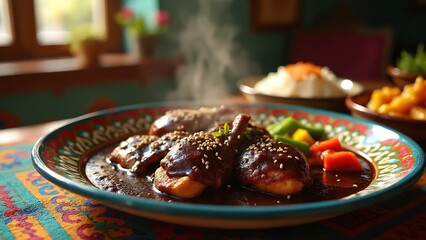 A sumptuous plate of Mole Poblano, rich and inviting, sits on a hand-painted Talavera dish, Mexican food