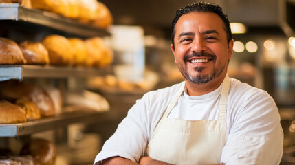 Obraz premium Hispanic baker smiling in professional bakery kitchen, small business success portrait