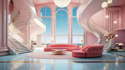 Elegant Pink Living Room with Ocean View and Grand Staircase