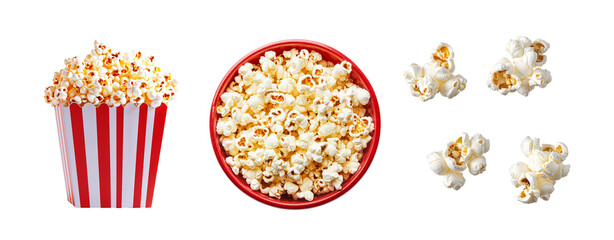 Set Of Popcorn In Bucket And Bowl, Isolated On White or Transparent Background, Theater Movie Snack Concept Cutout