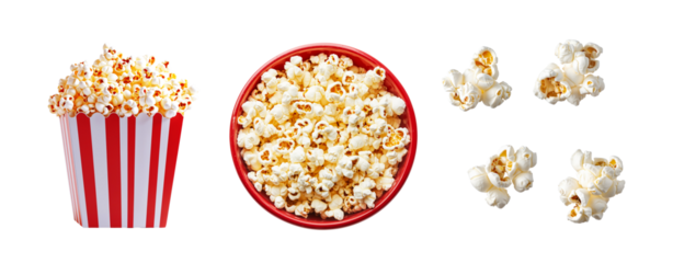 Set Of Popcorn In Bucket And Bowl, Isolated On White or Transparent Background, Theater Movie Snack Concept Cutout