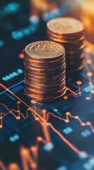 Money business financial graph diagram of coin. vertical Financial growth data or investment market profit bar and success report.Saving money concept.Stack of coins with trading price graph growth