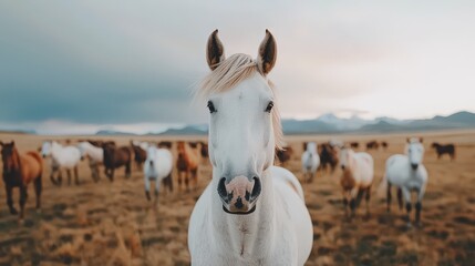 Obraz premium Majestic horses roaming freely natural ecosystem wildlife photography open plains close-up view animal behavior