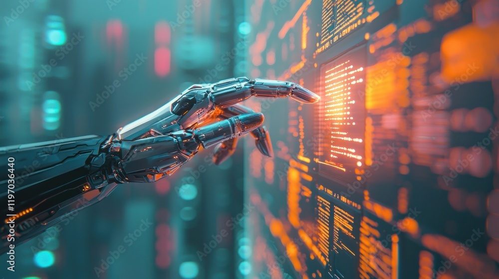 Aufkleber robotic hand interacting with digital data on a futuristic screen.