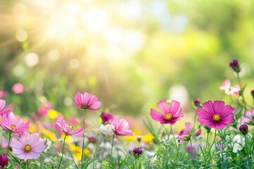Fototapeta premium Vibrant garden filled with blooming flowers under soft sunlight in a serene outdoor setting. Generative AI