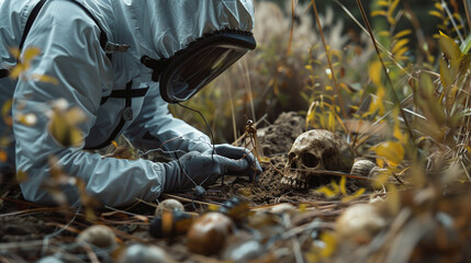 Obraz premium In a remote field, a forensic entomologist examines insects on recovered remains, assisting in the investigation by establishing the victim's death timeline.