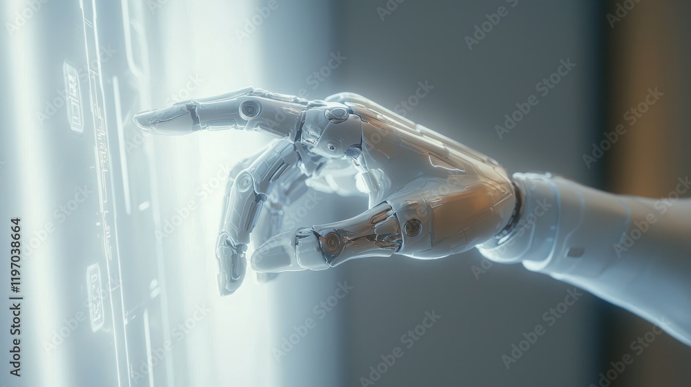 Poster robotic hand interacting with futuristic interface.