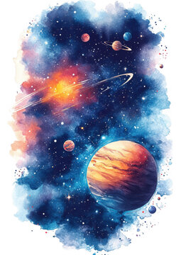 Colorful Outer Space Birthday Theme Watercolor Frame