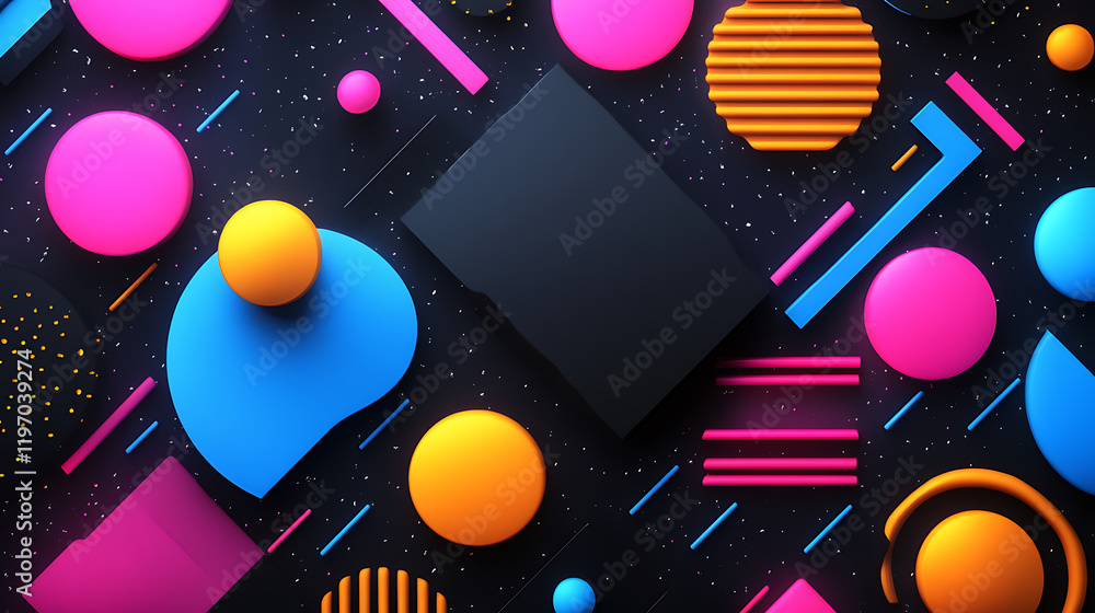 Poster colorful geometric shapes and patterns on a dark background, creating a vibrant abstract design