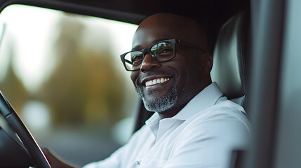Happy black truck driver in the truck with copy space