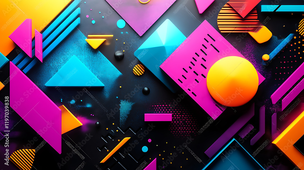 Poster vibrant geometric shapes in bold colors on a dark background, creating a dynamic abstract design