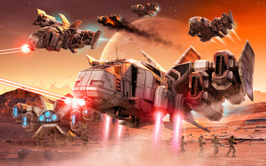 Colonial marines land in combat in drop ships on the surface of an alien planet