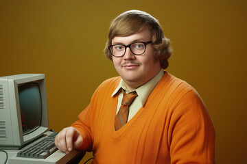 Retro Portrait of a Young Man with Vintage Computer Highlighting Nostalgic Style and Classic Technological Aesthetic